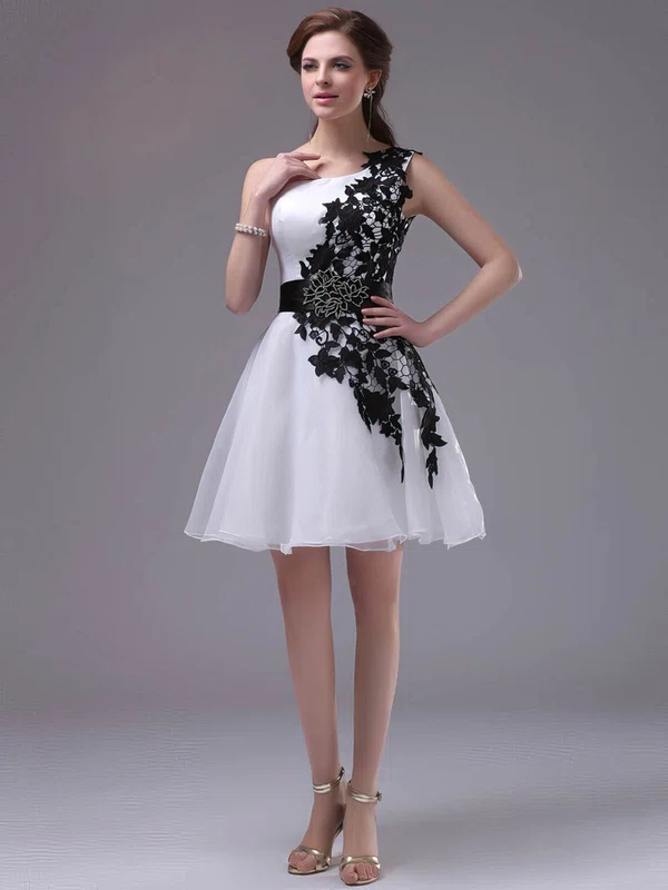 One Shoulder Short/Mini Inexpensive Organza with Black Appliques Short Prom Dresses #Favs02042244