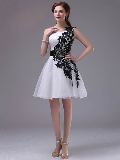 One Shoulder Short/Mini Inexpensive Organza with Black Appliques Prom Dress #Favs02042244