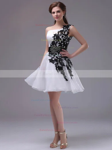 One Shoulder Short/Mini Inexpensive Organza with Black Appliques Short Prom Dresses #Favs02042244