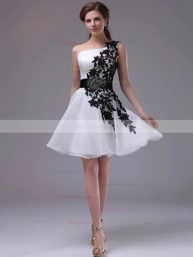 One Shoulder Short/Mini Inexpensive Organza with Black Appliques Short Prom Dresses #Favs02042244