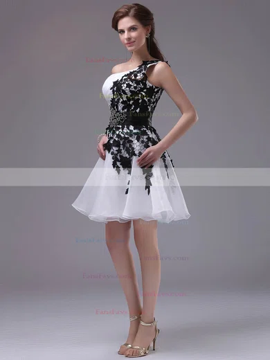 One Shoulder Short/Mini Inexpensive Organza with Black Appliques Short Prom Dresses #Favs02042244