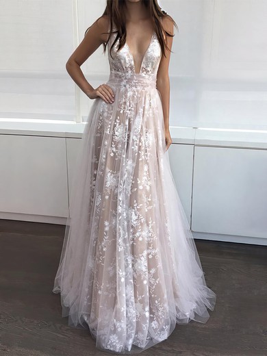 A-line V-neck Lace Tulle Floor-length Prom Dresses #Favs020104576