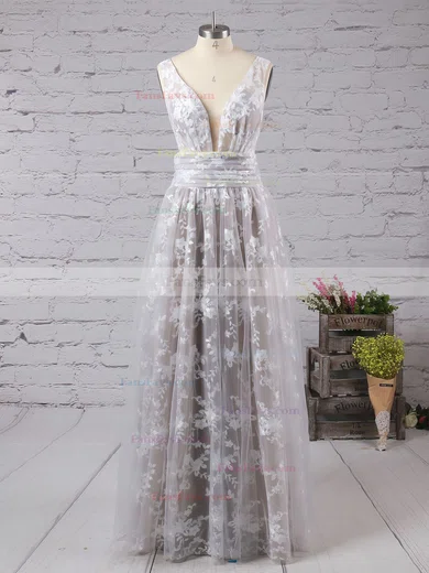 A-line V-neck Lace Tulle Floor-length Prom Dresses #Favs020104576