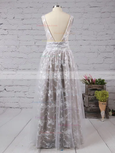 A-line V-neck Lace Tulle Floor-length Prom Dresses #Favs020104576