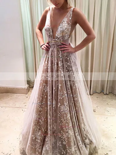 A-line V-neck Lace Tulle Floor-length Prom Dresses #Favs020104576