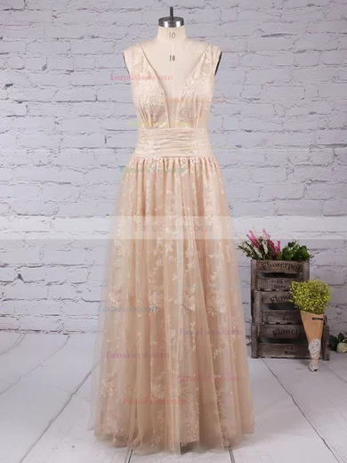 A-line V-neck Lace Tulle Floor-length Prom Dresses #Favs020104576