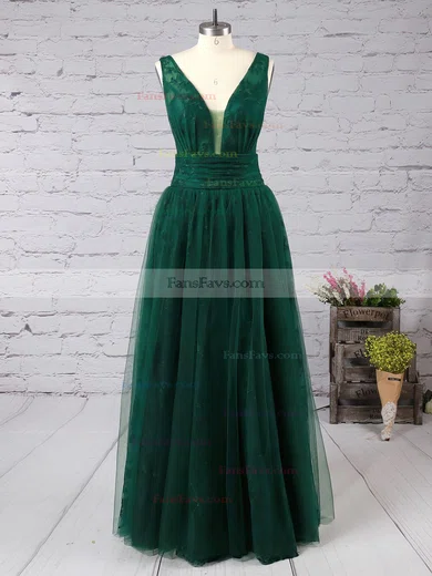 A-line V-neck Lace Tulle Floor-length Prom Dresses #Favs020104576