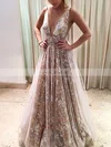 A-line V-neck Lace Tulle Floor-length Prom Dresses #Favs020104576