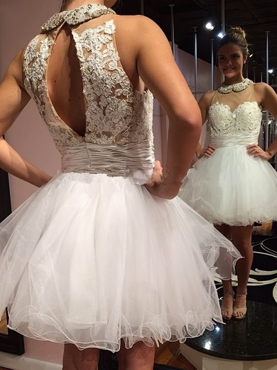 Scoop Neck White Organza Tulle Sashes / Ribbons and Beading A-line Prom Dress #Favs02018663