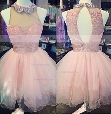 Scoop Neck White Organza Tulle Sashes / Ribbons and Beading A-line Short Prom Dresses #Favs02018663