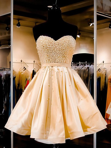 A-line Sweetheart Satin Short/Mini Pearl Detailing Popular Prom Dresses #Favs020102464