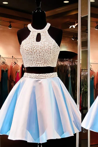 Online A-line Scoop Neck Satin Short/Mini Pearl Detailing Two Piece Short Prom Dresses #Favs020102471