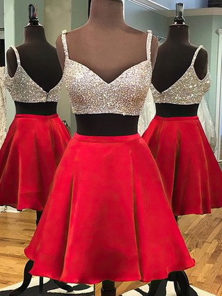 Fashion A-line V-neck Satin Short/Mini Crystal Detailing Two Piece Short Prom Dresses #Favs020102541 Fashion A-line V-neck Satin Short/Mini Crystal Detailing Two Piece Short Prom Dresses #Favs020102541
