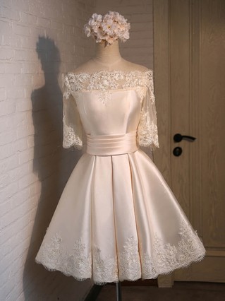Ball Gown Off-the-shoulder Satin Short/Mini Appliques Lace 1/2 Sleeve New Short Prom Dresses #Favs020103039 Ball Gown Off-the-shoulder Satin Short/Mini Appliques Lace 1/2 Sleeve New Short Prom Dresses #Favs020103039