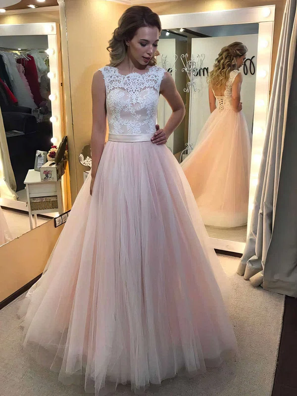 Ball Gown Scalloped Neck Tulle Floor-length Appliques Lace Prom Dresses #Favs020104585