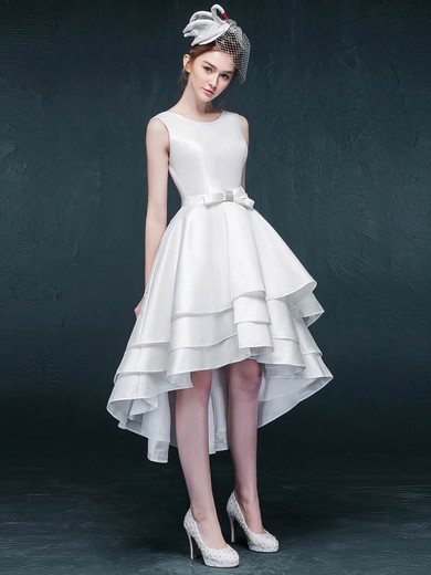 A-line Scoop Neck Satin Asymmetrical Sashes / Ribbons Short Prom Dresses #Favs020105382