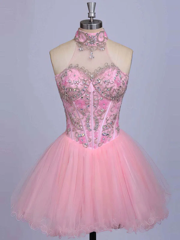 High Neck Pink Satin Tulle Beading Short/Mini Cute Short Prom Dresses #Favs020101623