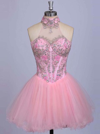 High Neck Pink Satin Tulle Beading Short/Mini Cute Short Prom Dresses #Favs020101623 High Neck Pink Satin Tulle Beading Short/Mini Cute Short Prom Dresses #Favs020101623