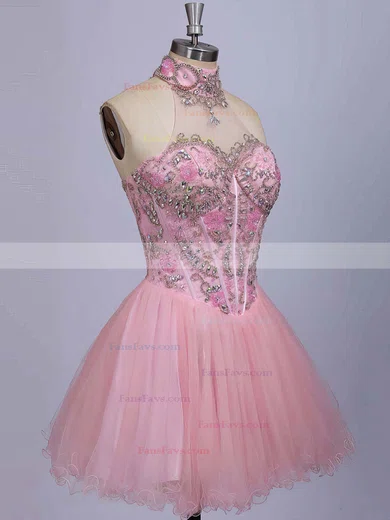 High Neck Pink Satin Tulle Beading Short/Mini Cute Short Prom Dresses #Favs020101623