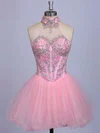 High Neck Pink Satin Tulle Beading Short/Mini Cute Short Prom Dresses #Favs020101623
