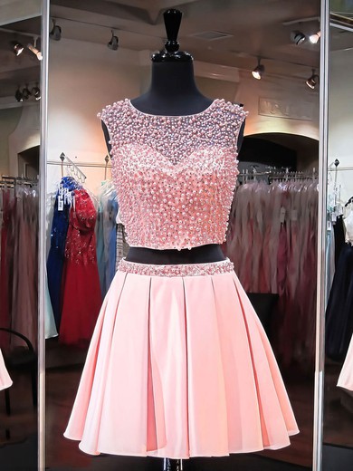Pretty A-line Scoop Neck Satin Tulle Short/Mini Crystal Detailing Two Piece Prom Dresses #Favs020102480