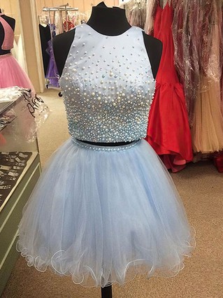 Princess Scoop Neck Satin Tulle Short/Mini Pearl Detailing Two Piece Short Prom Dresses #Favs020102539 Princess Scoop Neck Satin Tulle Short/Mini Pearl Detailing Two Piece Short Prom Dresses #Favs020102539