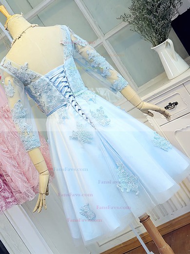 Sweet A-line Scoop Neck Satin Tulle Short/Mini Appliques Lace 3/4 Sleeve Short Prom Dresses #Favs020103779