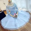 Sweet A-line Scoop Neck Satin Tulle Short/Mini Appliques Lace 3/4 Sleeve Short Prom Dresses #Favs020103779