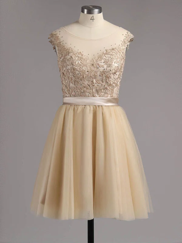 A-line Scoop Neck Satin Tulle Short/Mini Appliques Lace Short Prom Dresses #Favs02016005