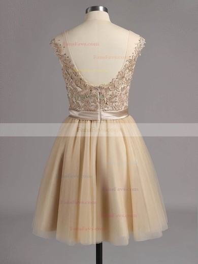 A-line Scoop Neck Satin Tulle Short/Mini Appliques Lace Short Prom Dresses #Favs02016005