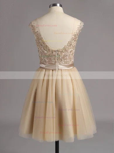 A-line Scoop Neck Satin Tulle Short/Mini Appliques Lace Short Prom Dresses #Favs02016005