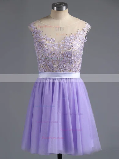 A-line Scoop Neck Satin Tulle Short/Mini Appliques Lace Short Prom Dresses #Favs02016005