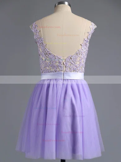 A-line Scoop Neck Satin Tulle Short/Mini Appliques Lace Short Prom Dresses #Favs02016005