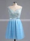 A-line Scoop Neck Satin Tulle Short/Mini Appliques Lace Short Prom Dresses #Favs02016005