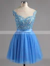 A-line Scoop Neck Satin Tulle Short/Mini Appliques Lace Short Prom Dresses #Favs02016005