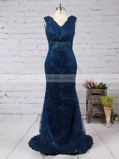 Trumpet/Mermaid V-neck Sweep Train Lace Prom Dresses with Appliques Lace #Favs02014905