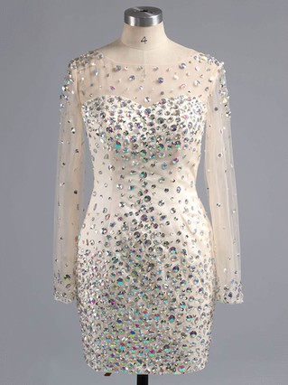 Sheath/Column Scoop Neck Satin Tulle Short/Mini Beading Short Prom Dresses #Favs02016332 Sheath/Column Scoop Neck Satin Tulle Short/Mini Beading Short Prom Dresses #Favs02016332