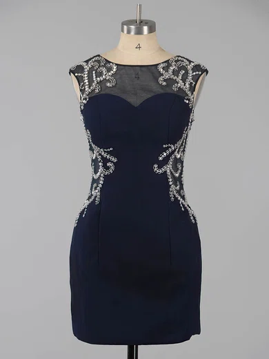 Dark Navy Sheath/Column Scoop Neck Silk-like Satin Short/Mini Beading Open Back Short Prom Dresses #Favs020101761