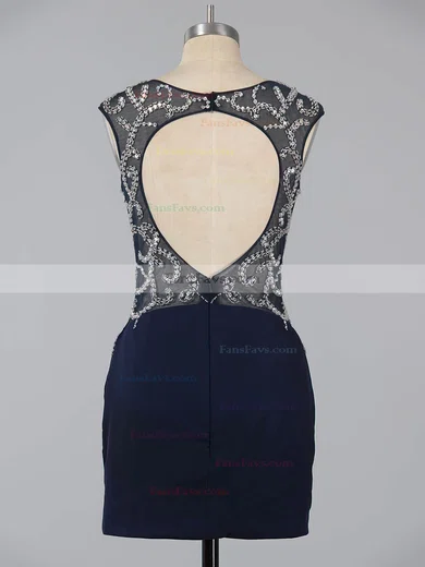 Dark Navy Sheath/Column Scoop Neck Silk-like Satin Short/Mini Beading Open Back Short Prom Dresses #Favs020101761