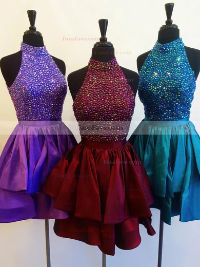A-line High Neck Taffeta Short/Mini Beading New Arrival Short Prom Dresses #Favs020103470