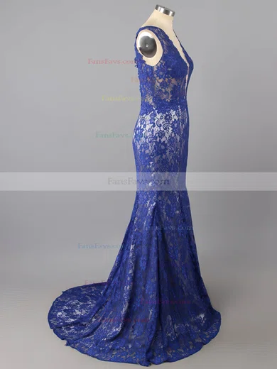 Trumpet/Mermaid V-neck Lace Floor-length Appliques Lace Prom Dresses #Favs02016054