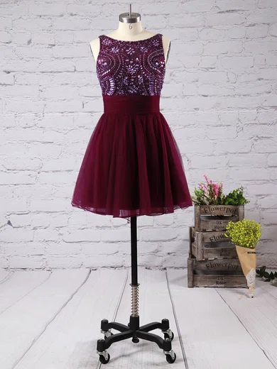 A-line Scoop Neck Short/Mini Tulle Prom Dresses with Beading Bow #Favs020100759
