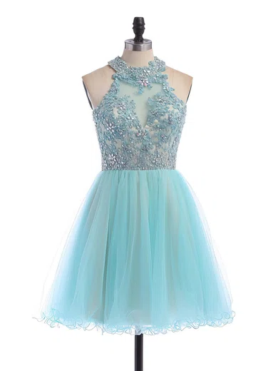 Short/Mini A-line Scoop Neck Tulle Beading Open Back Amazing Short Prom Dresses #Favs020100862