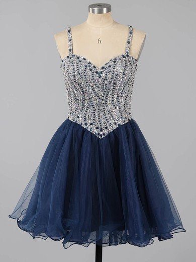 Beautiful A-line Sweetheart Tulle Short/Mini Beading Dark Navy Short Prom Dresses #Favs020101149
