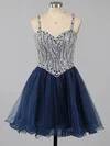 Beautiful A-line Sweetheart Tulle Short/Mini Beading Dark Navy Short Prom Dresses #Favs020101149