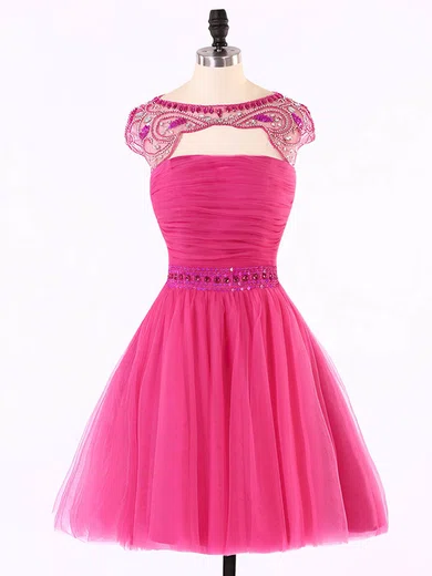 Scoop Neck Cap Straps Tulle with Beading Open Back Short/Mini Short Prom Dresses #Favs020101624