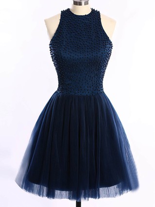 Short/Mini Scoop Neck Dark Navy Tulle Pearl Detailing Open Back Short Prom Dresses #Favs020101654 Short/Mini Scoop Neck Dark Navy Tulle Pearl Detailing Open Back Short Prom Dresses #Favs020101654