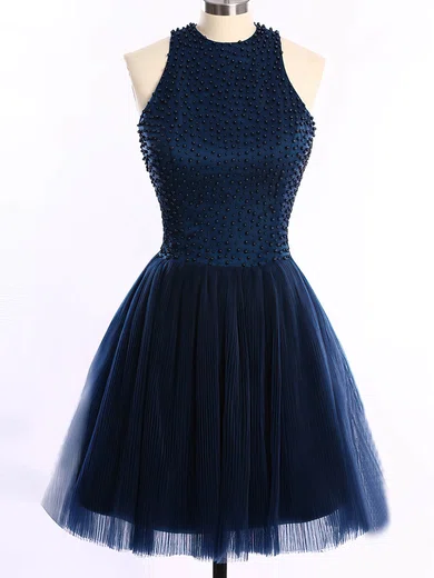 Short/Mini Scoop Neck Dark Navy Tulle Pearl Detailing Open Back Short Prom Dresses #Favs020101654