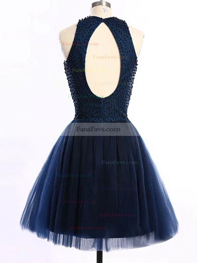 Short/Mini Scoop Neck Dark Navy Tulle Pearl Detailing Open Back Short Prom Dresses #Favs020101654