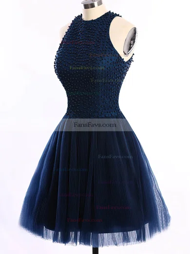 Short/Mini Scoop Neck Dark Navy Tulle Pearl Detailing Open Back Short Prom Dresses #Favs020101654